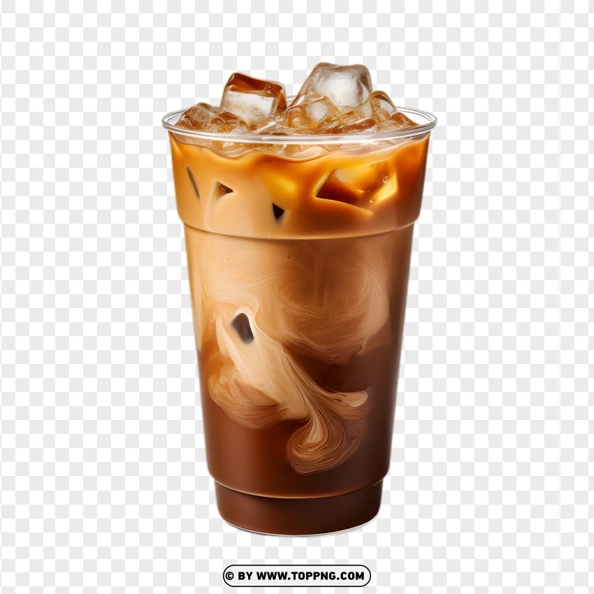 Iced Coffee With Milk Swirl And Ice Cubes PNG Transparent Background