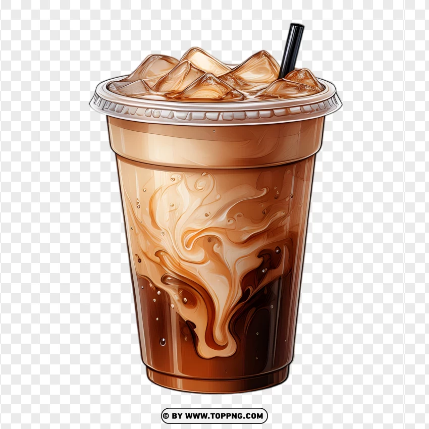 Iced Coffee With Milk Swirl And Ice In A Plastic Cup PNG Transparent Background