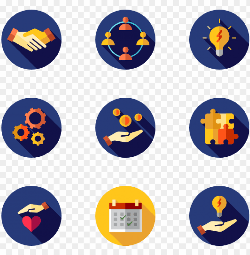 handshake icon, group collaboration, lightbulb symbol, gears illustration, coins graphic, puzzle pieces, heart icon