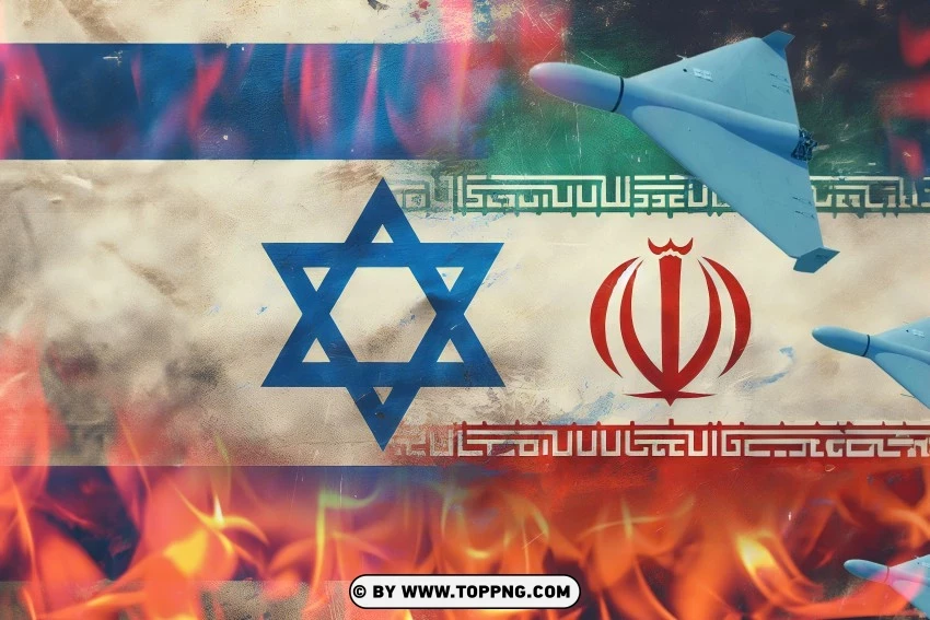 Iran Vs Israel Concept Painted Flags On Wall With Drone PNG Transparent Background