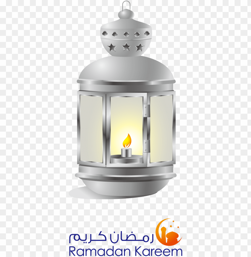 Silver Ramadan lantern with candle light and text 'Ramadan Kareem' PNG