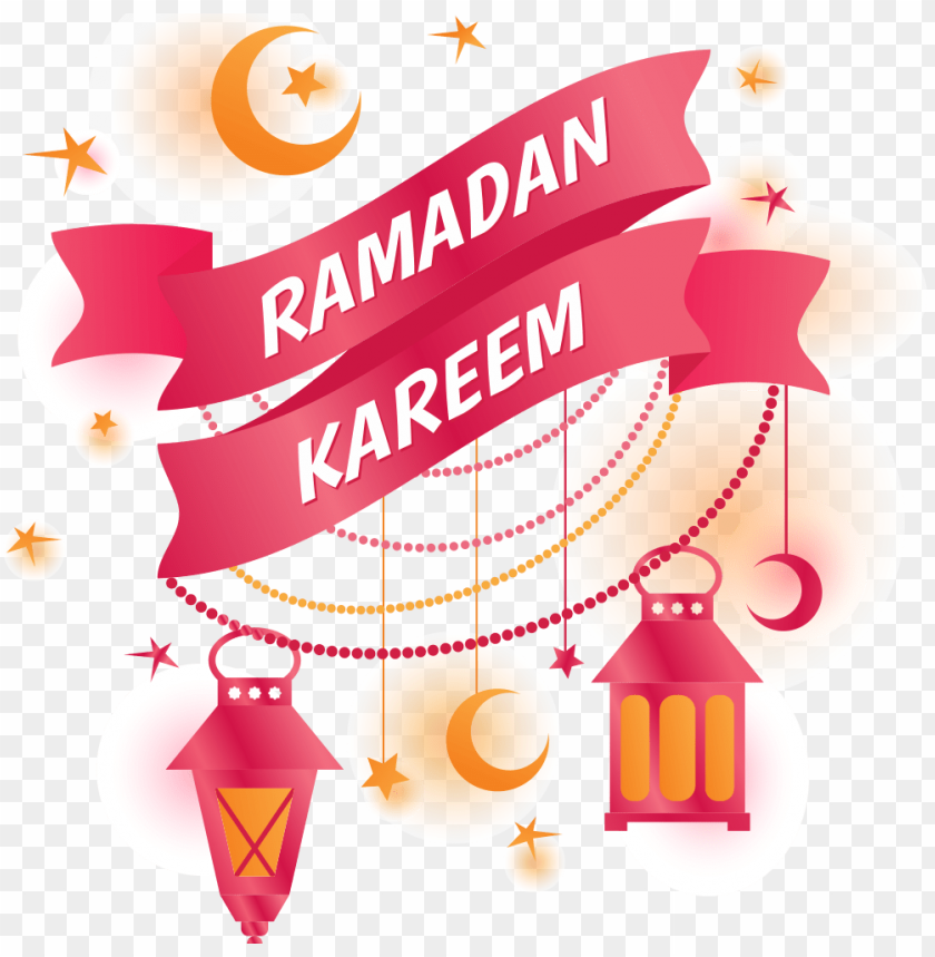 Colorful Ramadan Kareem banner with lanterns and decorative elements PNG