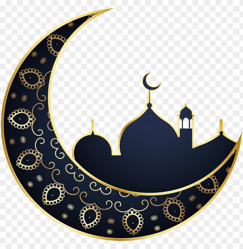 Golden crescent moon with a mosque silhouette in a decorative desi PNG