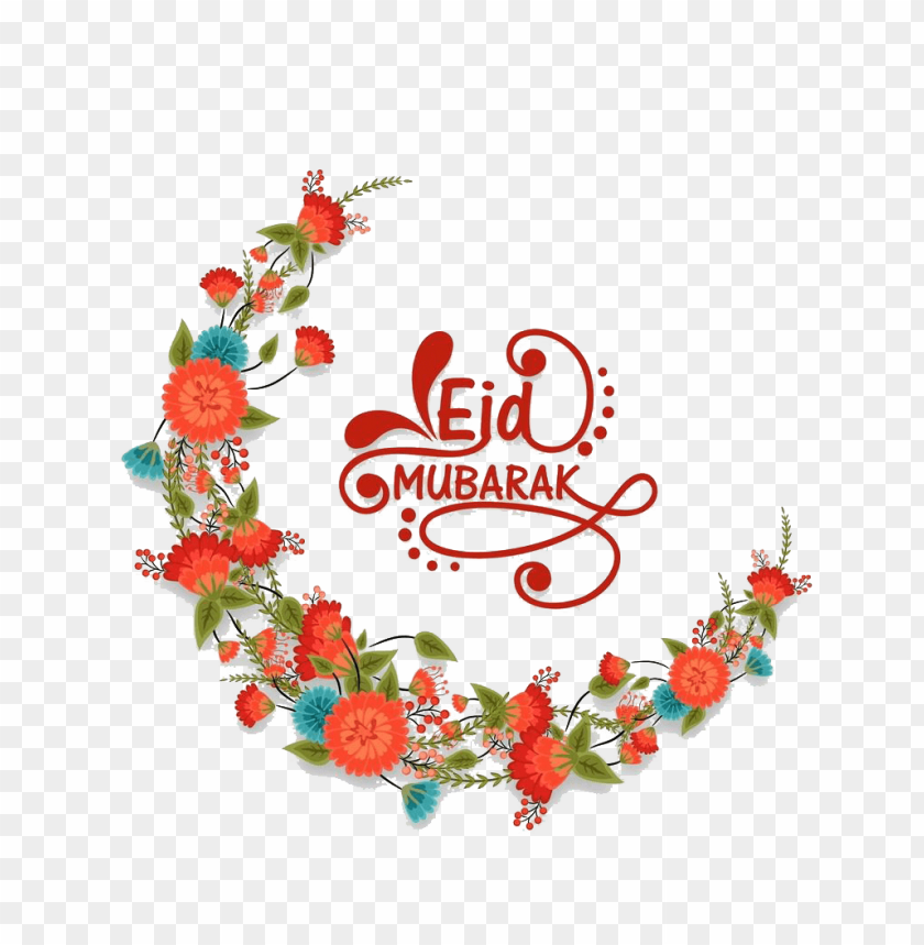 Eid Mubarak floral crescent design with vibrant colors PNG