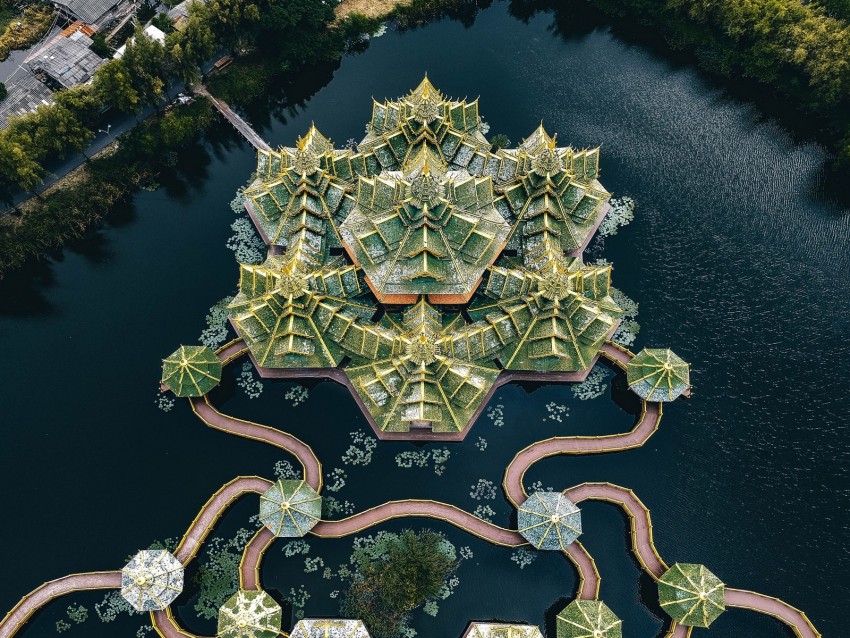 island, buildings, aerial view, lake, water