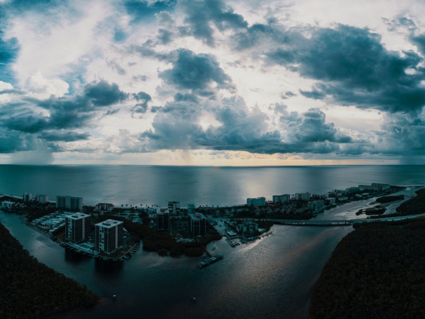 island, city, aerial view, clouds, sea, ocean, twilight