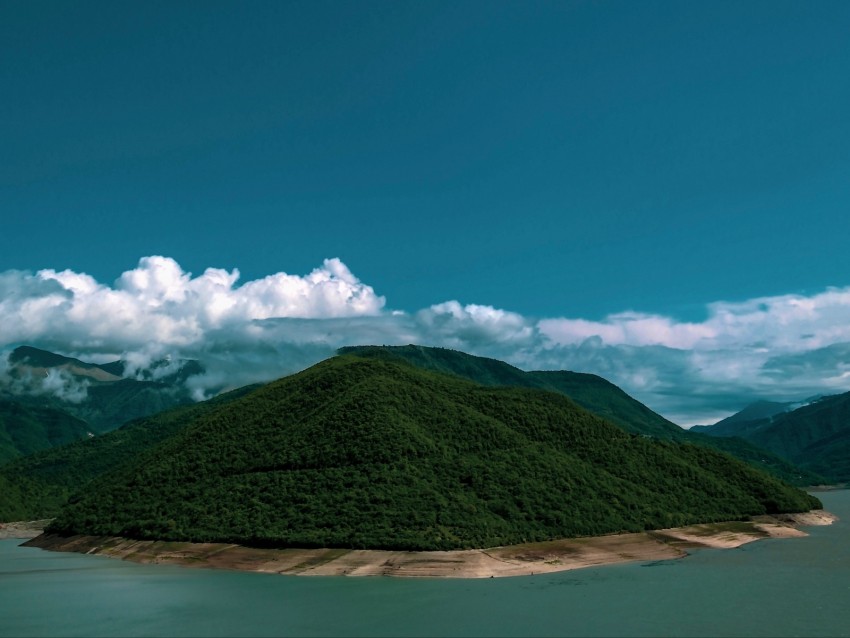 island, coast, hills, clouds, forest, vegetation