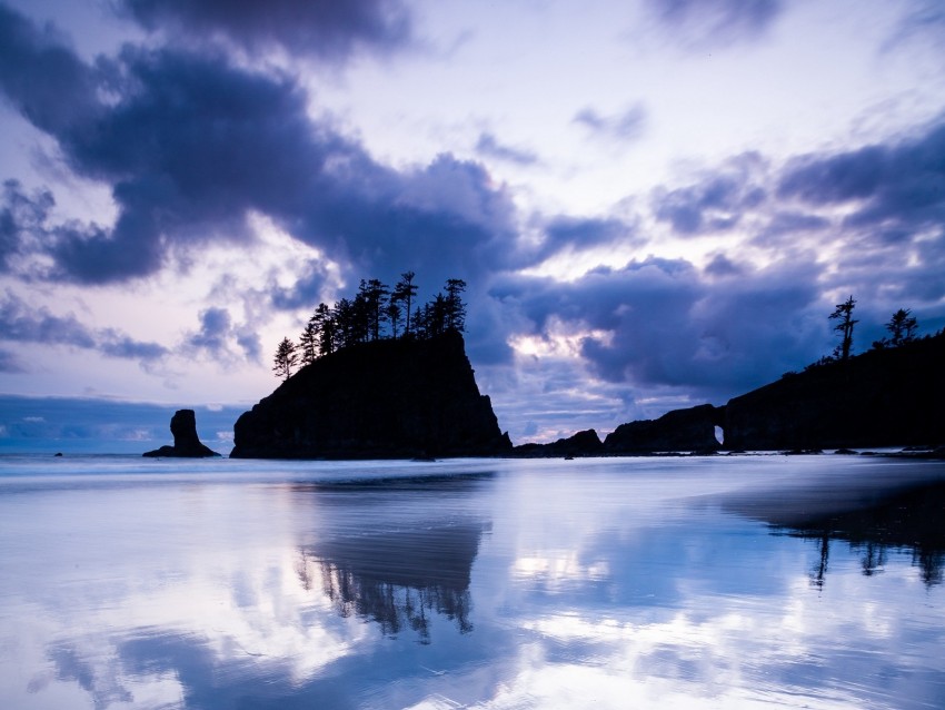 island, evening, horizon, lake, reflection