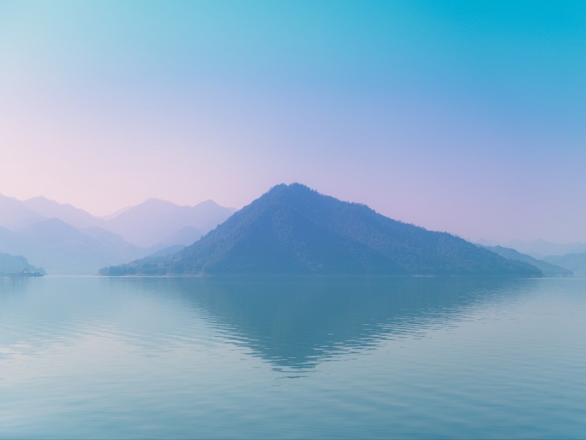 island, fog, sea, hills, reflection