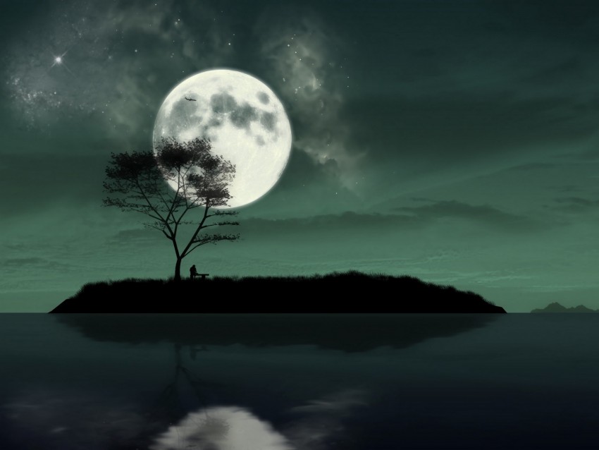 Island Night Moon Silhouette Loneliness Art Background