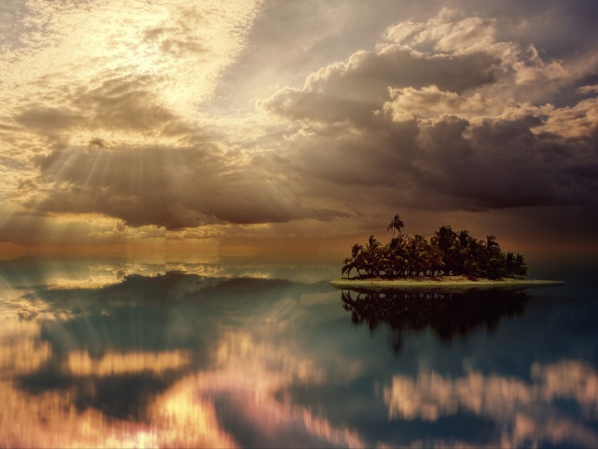 Island Palm Trees Ocean Clouds Overcast Cloudy Background