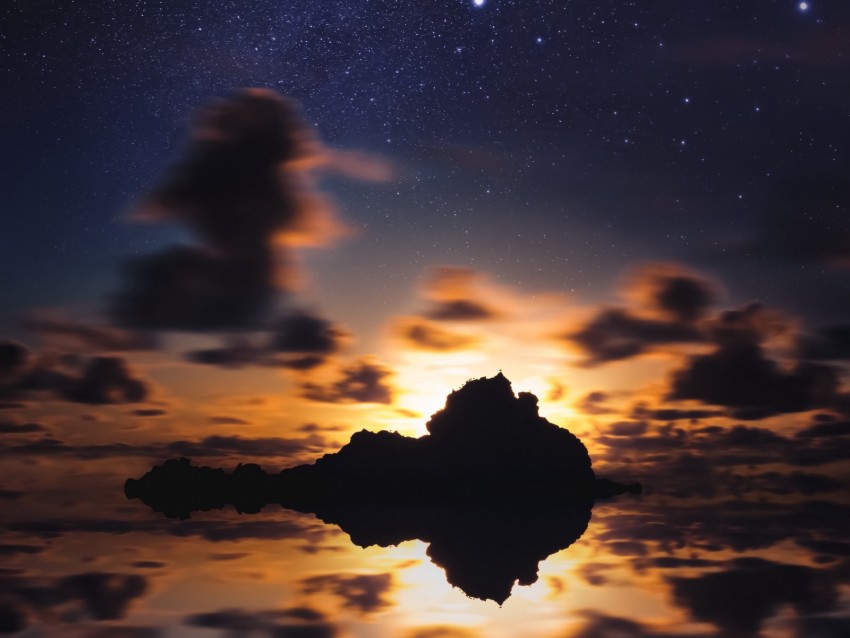 island, starry sky, stars, sea, sunset, horizon