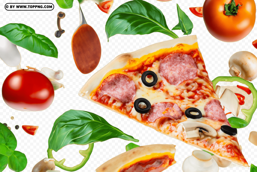 Italian Cuisine Pizza Slice With Flying Ingredients PNG Transparent Background