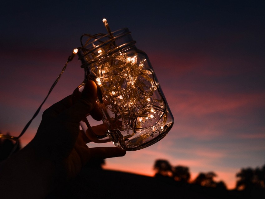 jar, garland, hand, dark, twilight