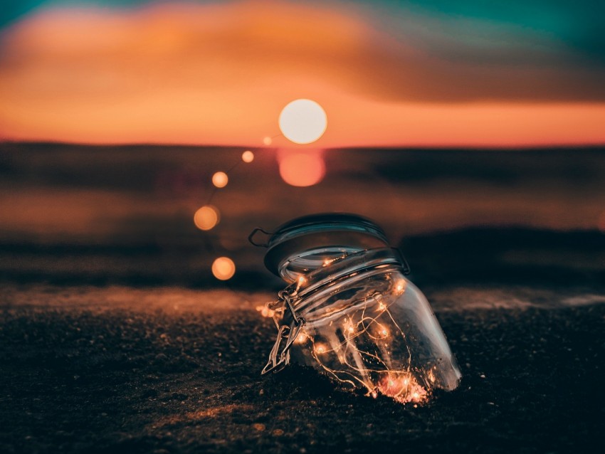 jar, shine, blur, shore, sunset