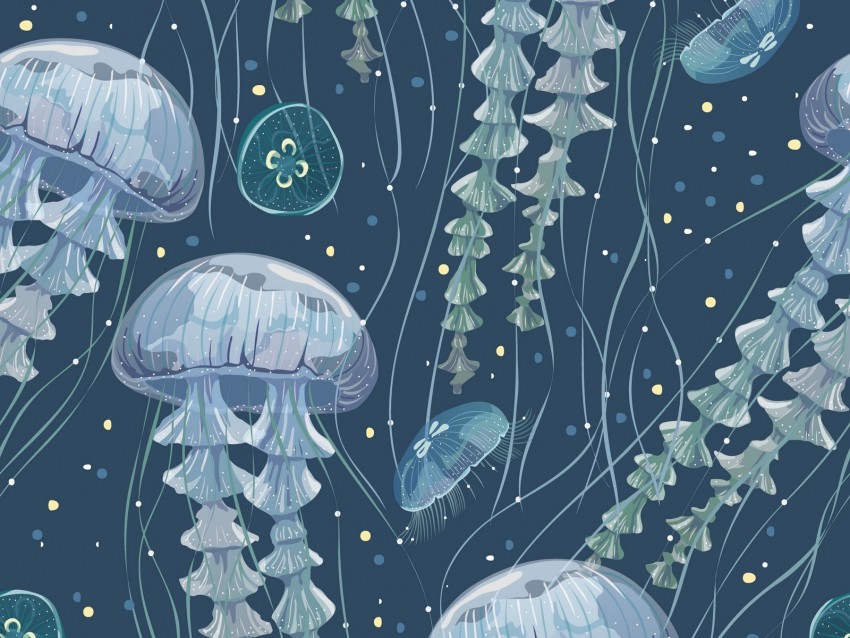 Jellyfish Art Underwater World Tentacles Algae Background