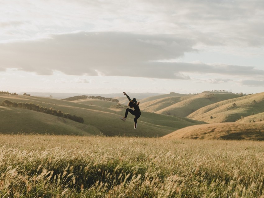 jump, levitation, silhouette, field, hills