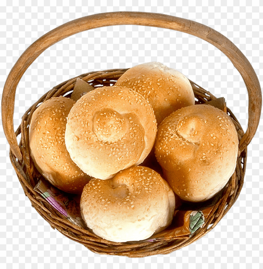 A basket of sesame seed-topped bread rolls on a transparent background.