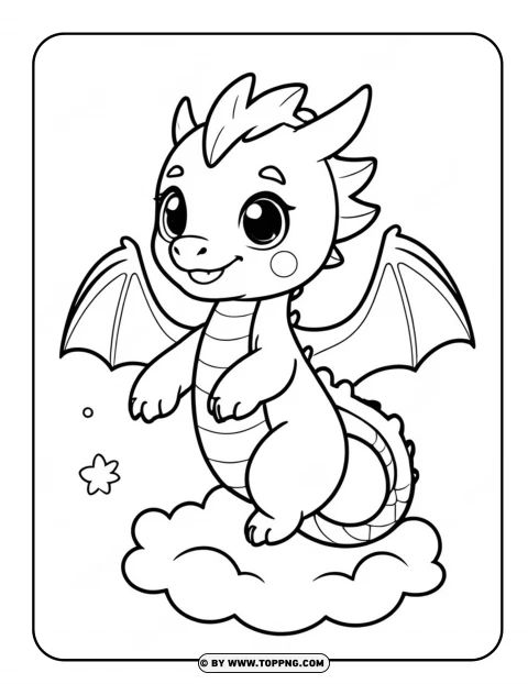 Kawaii Dragon In The Cloud Coloring Page PNG Transparent Background