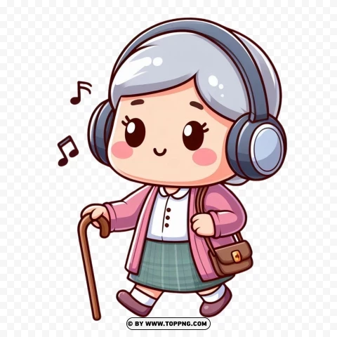 Old Woman,  Kawaii character,  Listening,character,   cartoon,   senior,   elderly