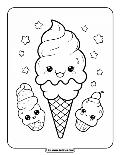 Kawaii Ice Cream Coloring Page For Kids Ready To Print PNG Transparent Background