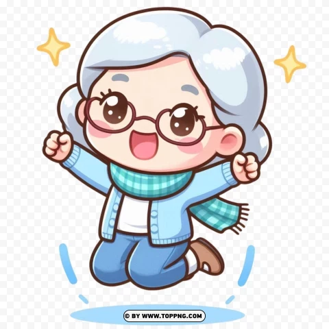 Kawaii Jumping Grandma With Excitement Image PNG Transparent Background