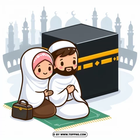 Kawaii Muslim Couples In Islamic Hajj Pilgrimage To Kabah PNG Transparent Background