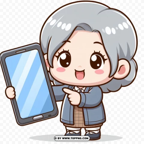 Kawaii Old Lady Holding Smartphone Free PNG Transparent Background