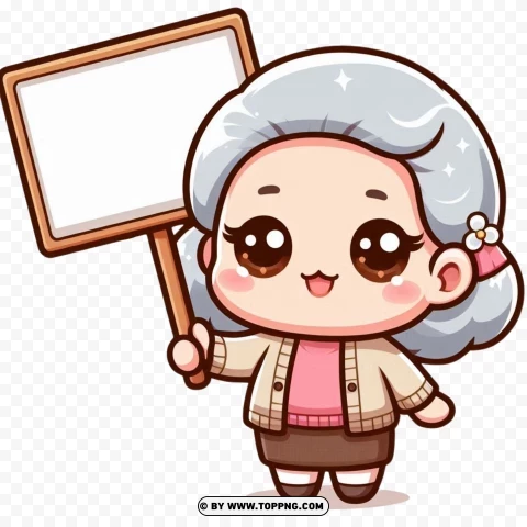 Kawaii Old Woman Holding A Sign PNG Transparent Background