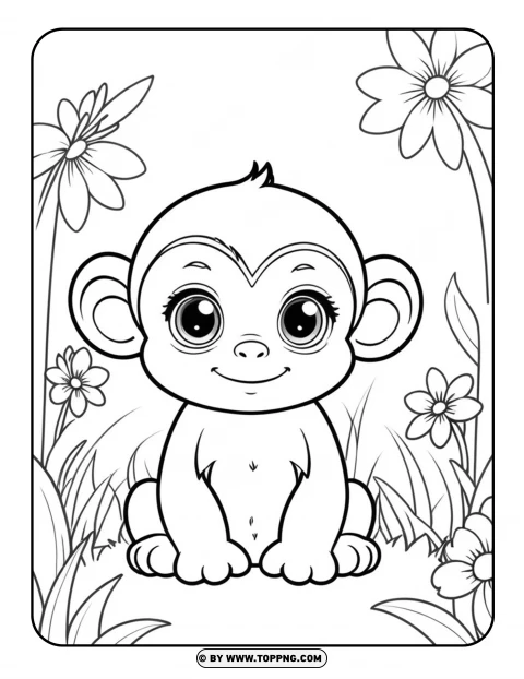 Kawaii Wild Animal - Monkey Coloring Page PNG Transparent Background