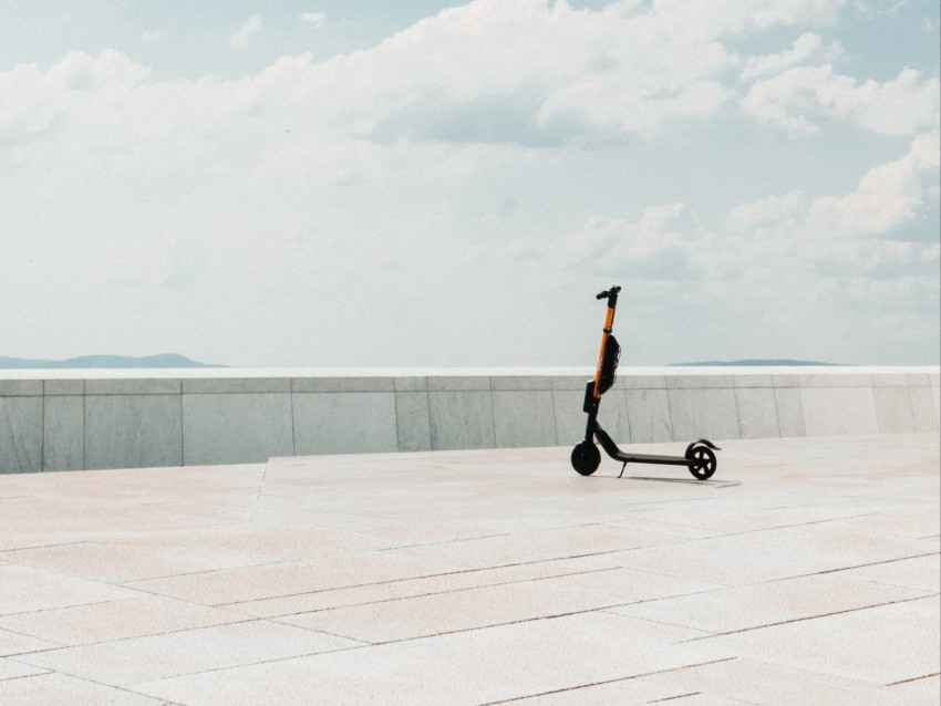 kick scooter, roof, minimalism, clouds