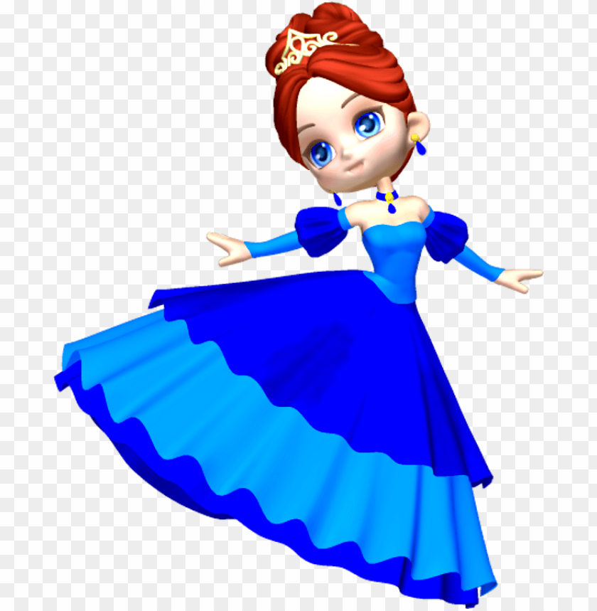 animated character, princess costume, blue dress, crown, jewelry, cartoon style, children's character