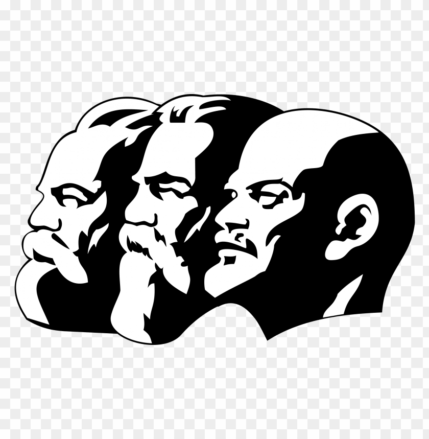 Silhouette of three historical figures: Marx, Engels, and Lenin