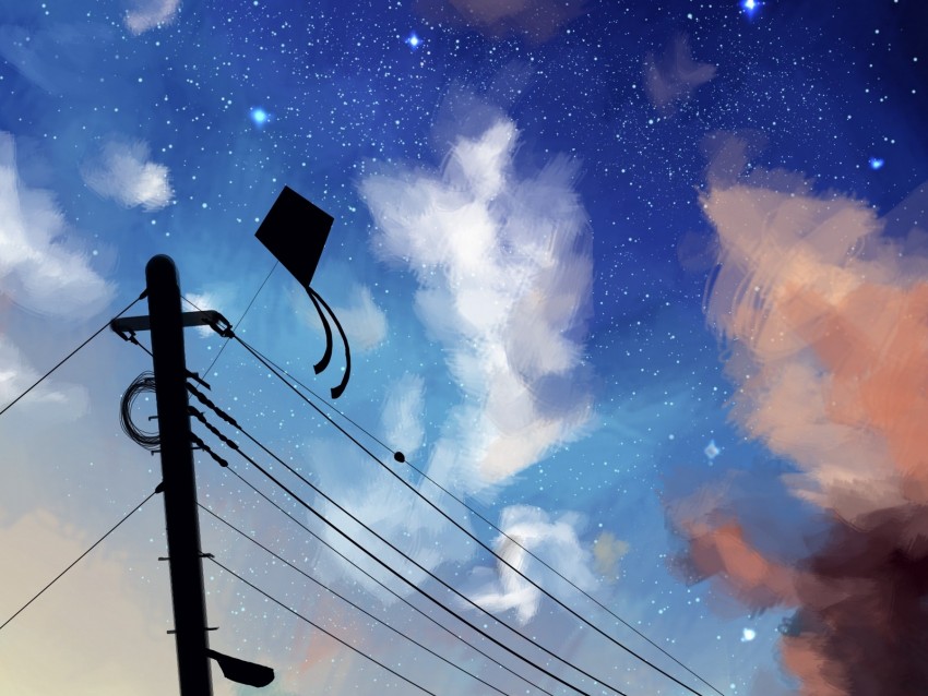 Kite Wires Night Sky Clouds Background