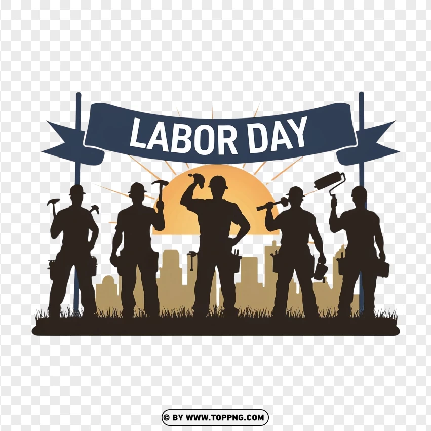 Labor Day Logo with Worker Silhouettes and Sunrise Background png