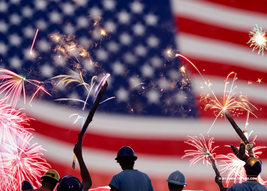 Labor Day Celebrations Workers With American Flag And Fireworks PNG Transparent Background