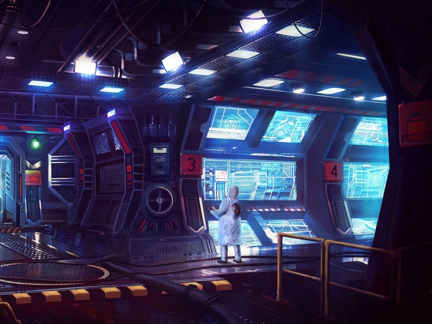 laboratory, sci-fi, art, man, monitors, light