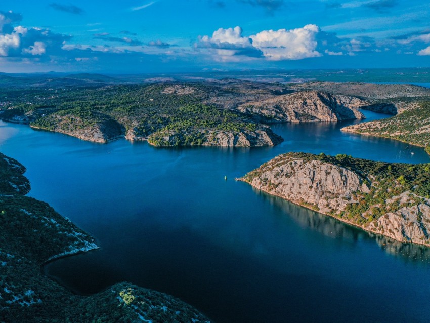 Lake Aerial View Islands Sky Clouds Landscape Background