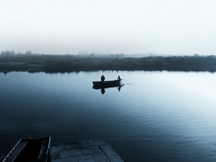 lake, boat, fog, shore, sail, cloudless