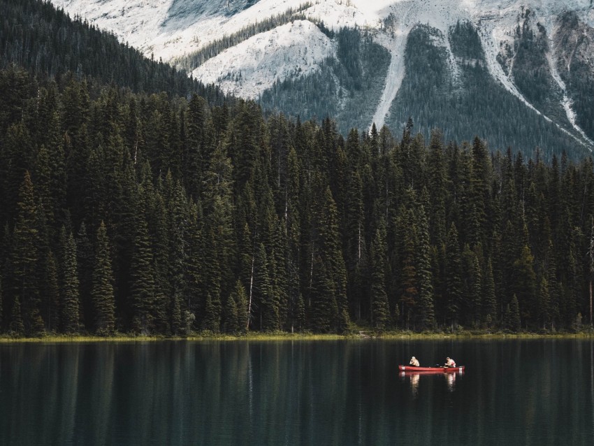 lake, boat, forest, mountains, landscape