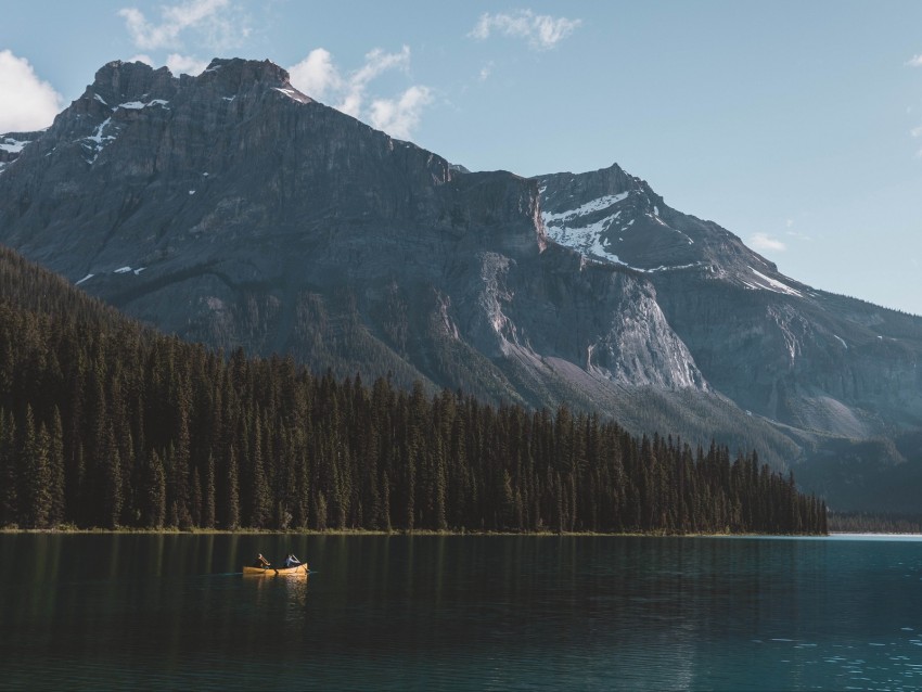 lake, boat, mountains, forest, nature