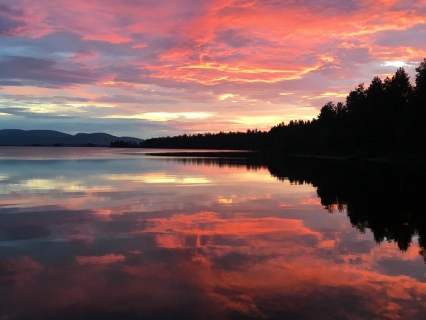 lake, clouds, forest, reflection, evening, sunset