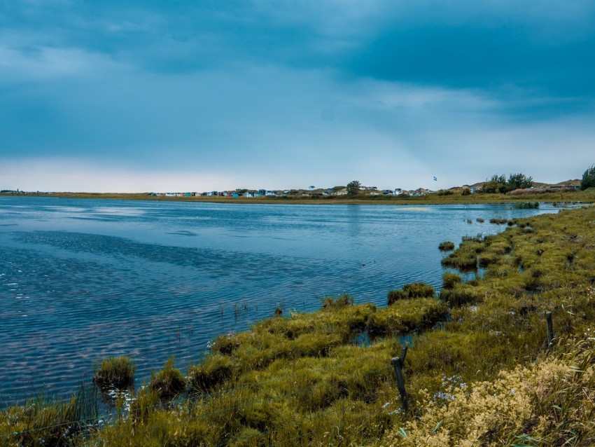 Lake Grass Shore Horizon Clouds Sky Background