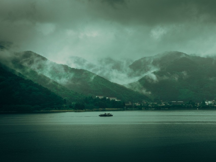 lake, hills, fog, clouds, gloom, landscape