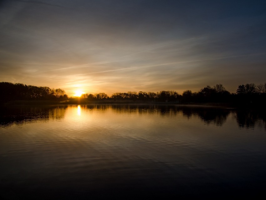 lake, horizon, sunset, sky, water, sun