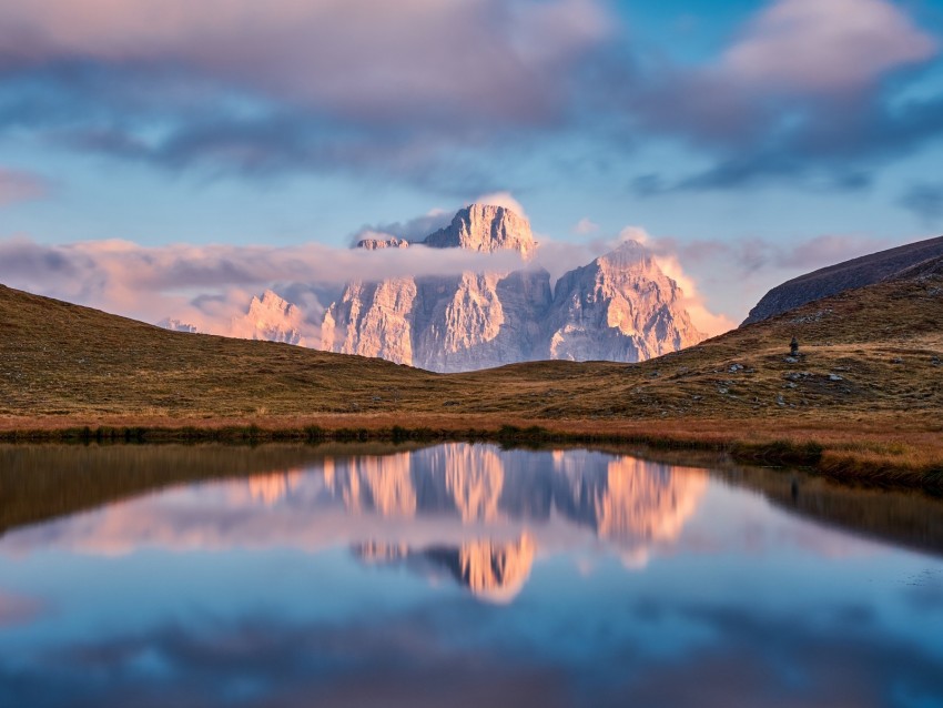 Lake Mountain Grass Landscape Sky Clouds Background