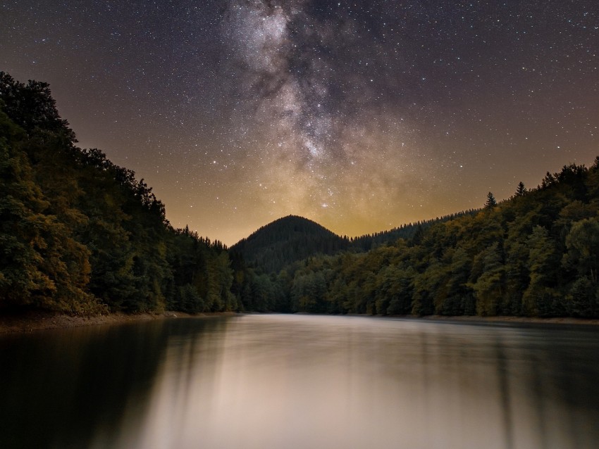 lake, mountain, trees, starry sky, milky way