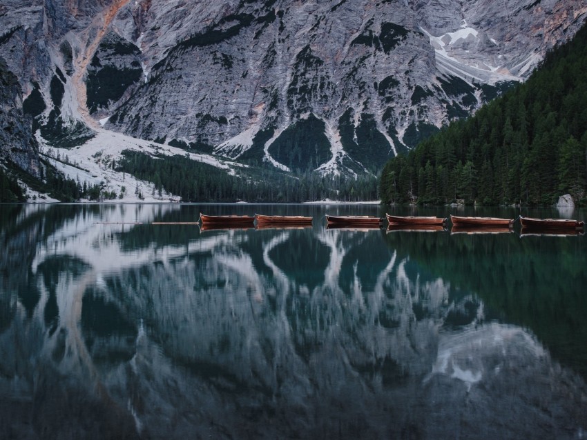 lake, mountains, boats, water, reflection