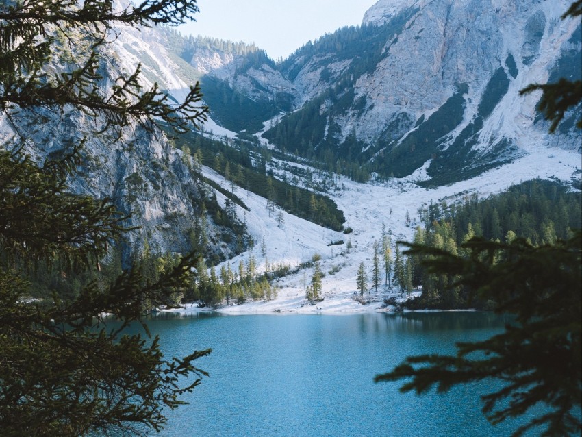 lake, mountains, branches, landscape, italy