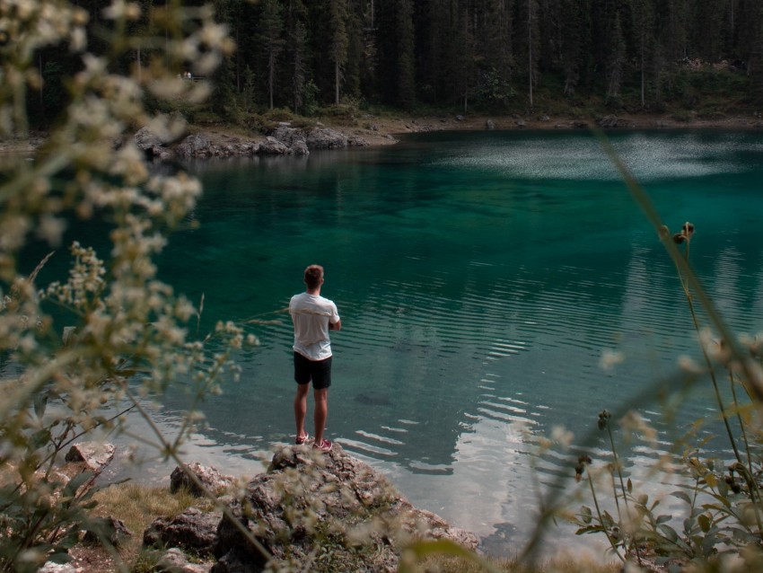 Lake Mountains Forest Man Nature Background